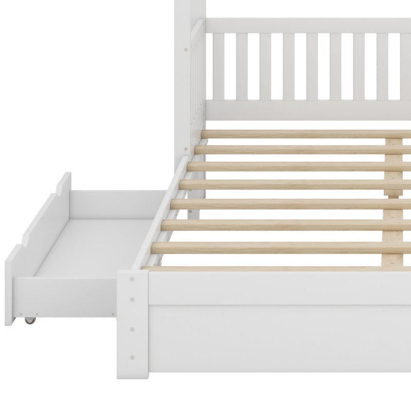 Lit plateforme House avec garde-corps et 2 tiroirs, Blanc