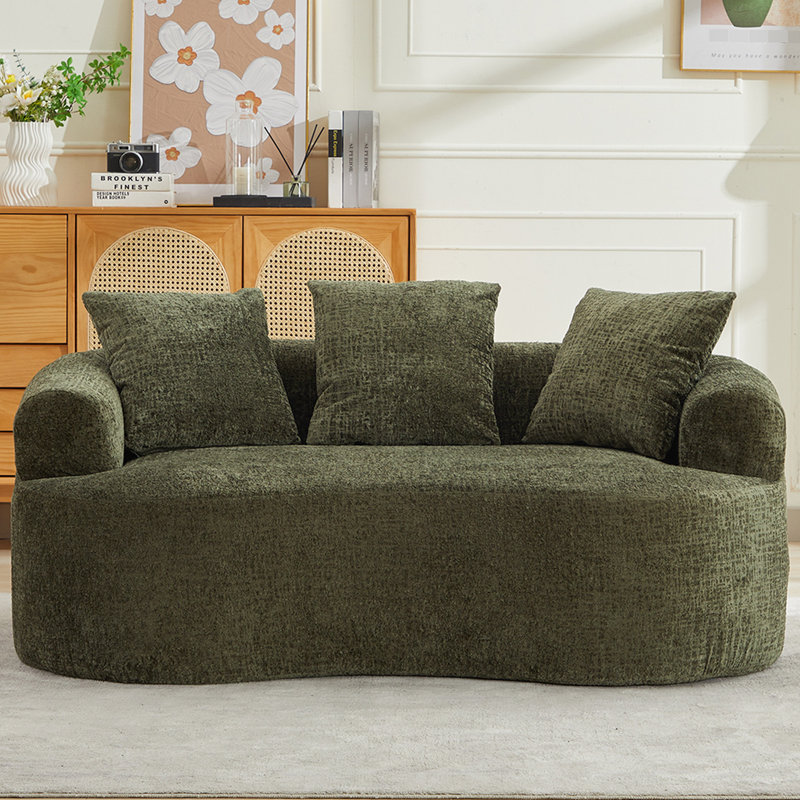 Fauteuil incurvé Olive, petit modèle en chenille avec 3 coussins, mousse à mémoire de forme, aucun assemblage requis, sans animaux, poids maximal supporté : 136 kg, assise profonde idéale pour les petits espaces, assemblage nécessaire, matériau confortable en mousse pour un confort optimal.