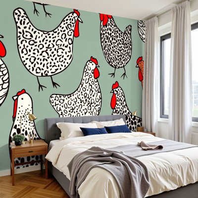 Peel and Stick Wallpaper 96" W x 69" H Modern Self Adhesive Wall Mural for Bedroom seamless hand drawn chickens Beautiful ink drawing heavy contour