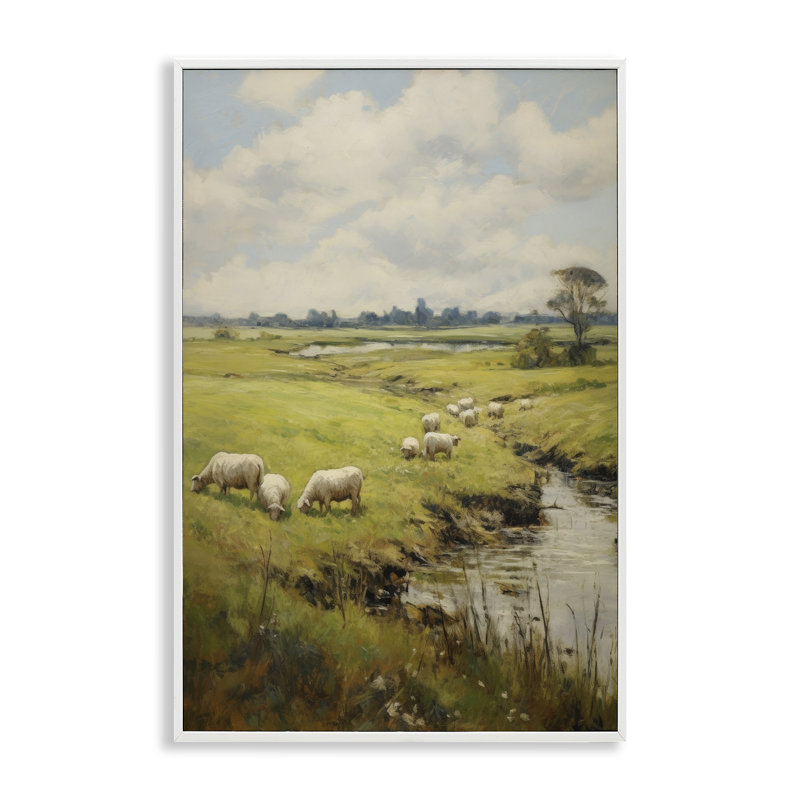 "Grazing Sheep Counaign", art giclée par Petal Prints Design, Giclée encadrée blanc bord de mer, H 30 po x l 20 po