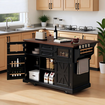 K&K 54.9" Kitchen Island with Drop Leaf, Power Outlet, Kitchen Storage Cart with 4 Door Shelves, Cross Barn Doors & Visual Glass Door, Rolling Kitchen by Lark Manor