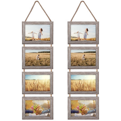 Hanging Collage Picture Frames, 8 Opening Horizontal Frame Made To Display Photo For Wall Decor, Set Of 2, (Rustic)