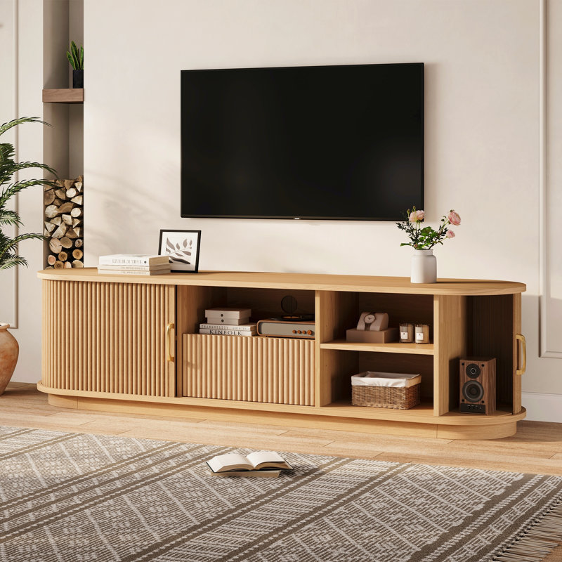 TV Stand For Tvs Up To 75", Sliding Fluted Door Media Console, Rounded Edge Design, Modern Farmhouse, Living Room, Natural