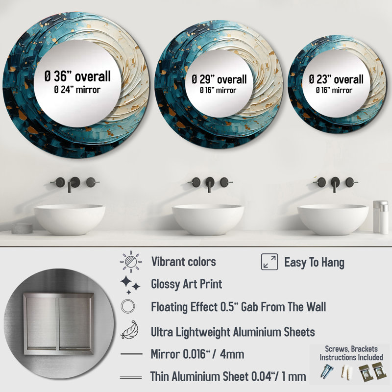 Spirals Celestial II - Abstract Spirals Unique Mirror, Modern Large Wall Mirror, Printed Metal Art, 36" x 36", Round