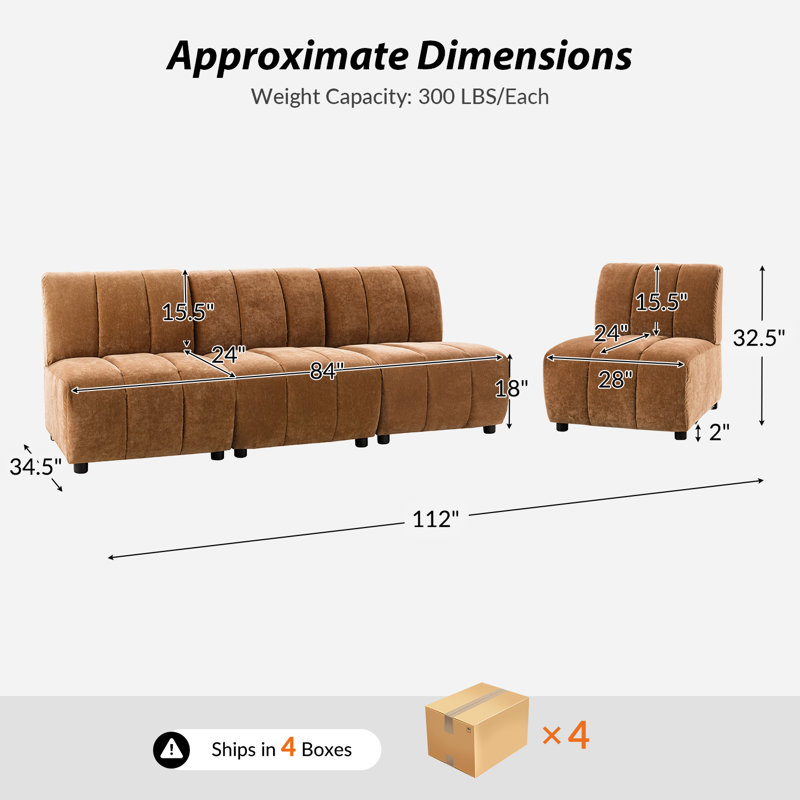 Hawkinge 112" Modern 4-Piece Chenille Channel Tufted Sofa, Caramel