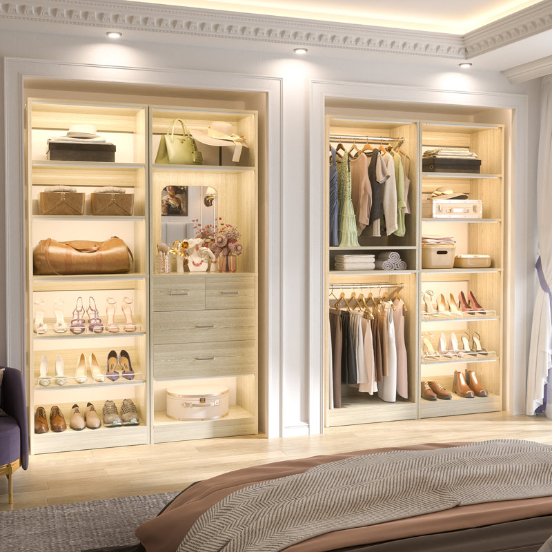 Freestanding Closet System with Drawers and Mirror, Washed Oak