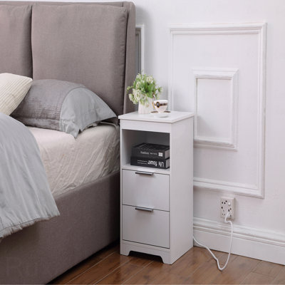 Nightstand With Charging Station,End Table With 2-Drawers,Wooden End Table With Drawer And Opening Shelf,Side Table (Nightstand Compatible) For Bedro