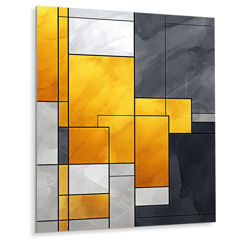 Jaune et gris fusion géométrique 1 - art mural géométrique en métal, H 20 po x l 12 po x P 1 po