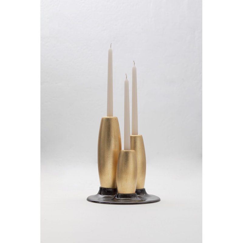 Salar Decorative Ceramic Candleholder With Gold Leaf Solid Wood Plynths By Andean, In Stock, Gold/Black