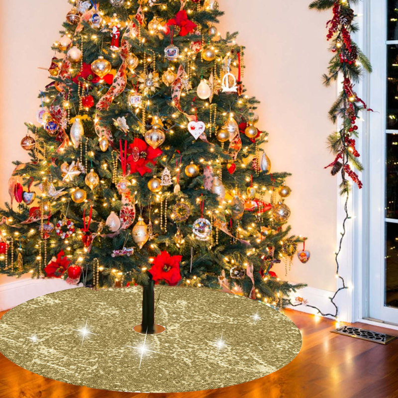 Jupe d'arbre de Noël en velours à paillettes avec paillettes, housse d'arbre rétro pour décoration de fête, kaki de 36 po