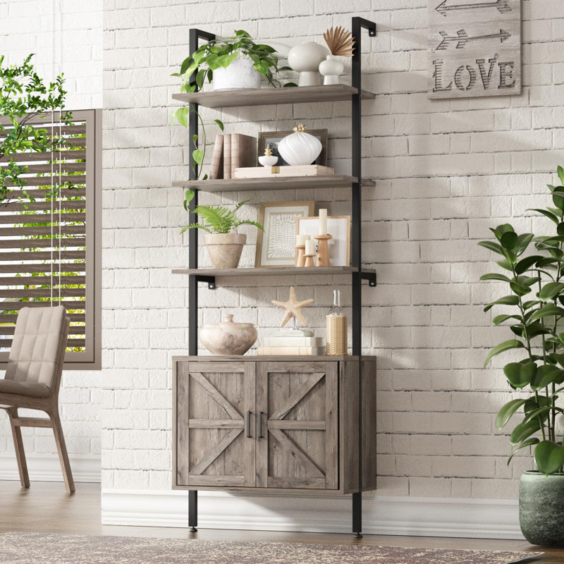 6 Tier Ladder Bookshelf With Cabinet, Gray