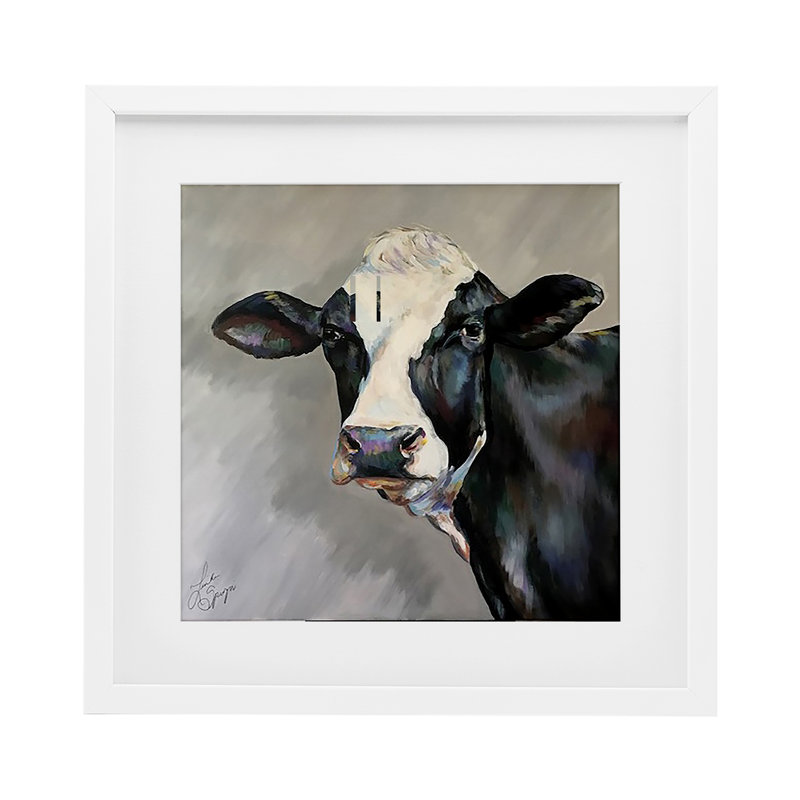 Belle vache noire et blanche, reproduction encadrée sous verre, design par Linda Sperruche, H 13 po x l 13 po