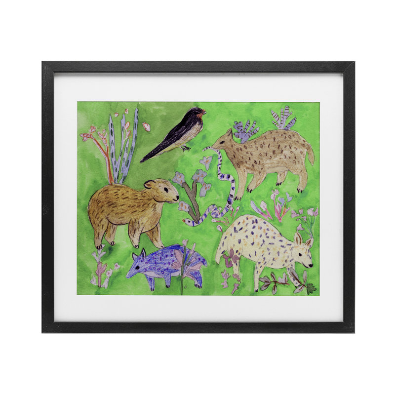 «Quirky Meadow Animals», reproduction sous verre encadrée, design par Melissa Wang, H 17 po x l 21 po, Cadre noir minuit
