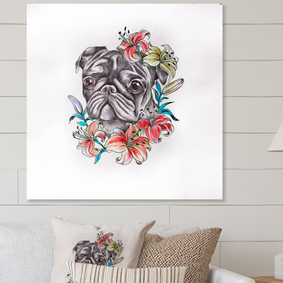 «Cute Botanical Pug S Croquis», reproduction d'art sur toile
