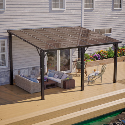 Pavillon de jardin à toit rigide de 14 x 10 pi, Pergola d'extérieur robuste avec toit en polycarbonate teinté, cadre en aluminium résistant à la neige et aux rayons UV - pour patio, cour arrière, jardin, abri de voiture