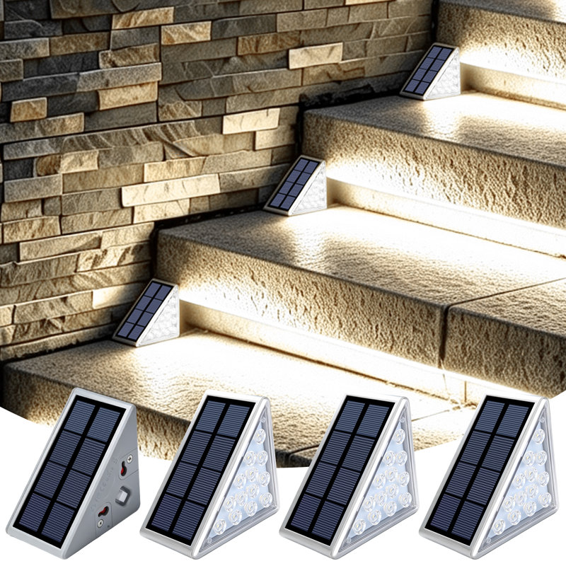 Triangular Solar LED Step Lights 4 Pack, IP67 Waterproof Cold White Outdoor Stair Lights, Auto On/Off Solar Powered Deck Lights for Garden Patio Fence Yard