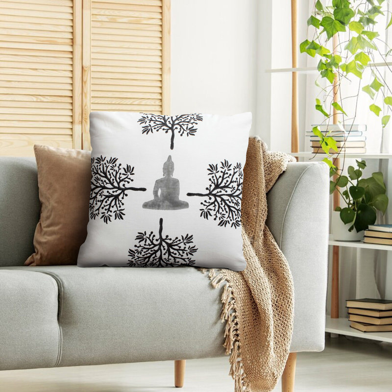 Coussin décoratif en coton 18 x 18, Bouddha méditant, imprimé arbre, blanc, noir