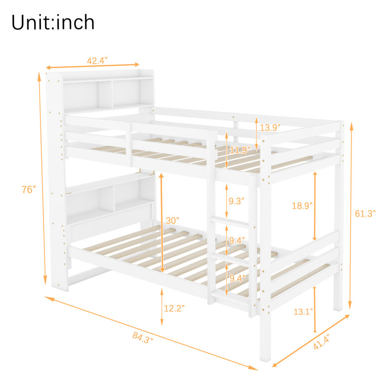 Lit superposé simple au-dessus d'un lit simple avec tablettes et garde-corps avec échelle convertible en 2 lits, Blanc