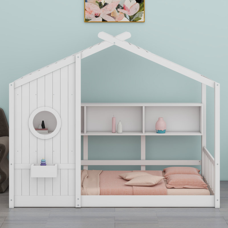 Lit sur pied pour enfant, lit Montessori pour enfants avec tablette de rangement, lit de jeu avec toit, Simple, Blanc