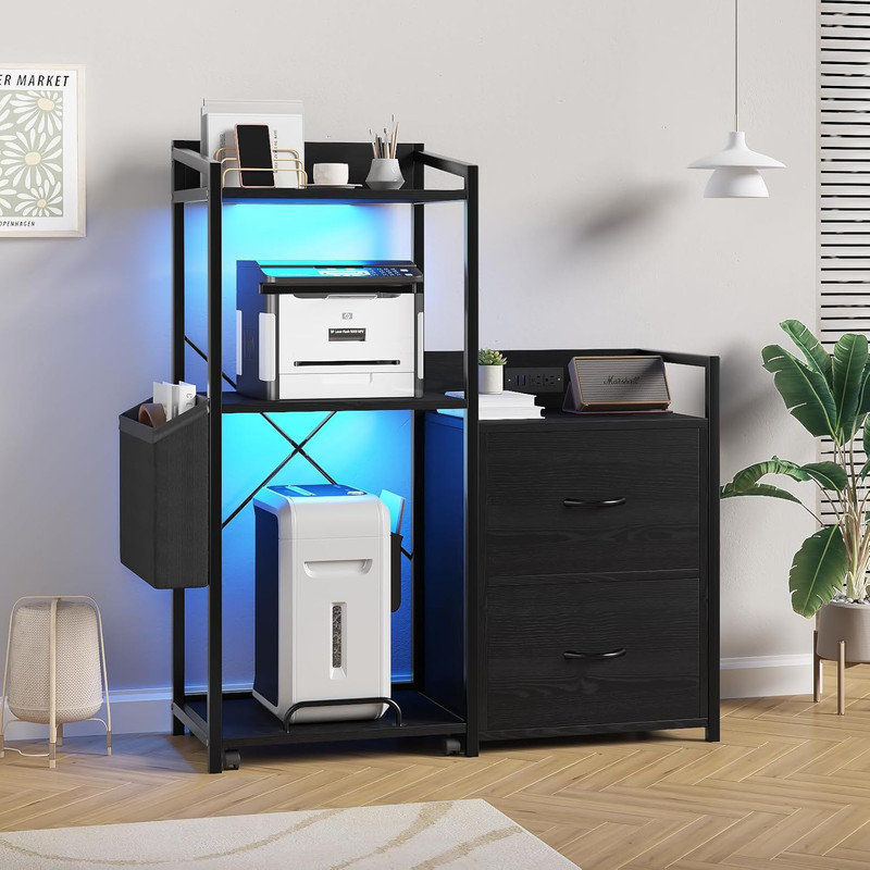 Classeur à 2 tiroirs avec multiprise et lumières DEL, support pour imprimante multifonction pour bureau personnel, Noir