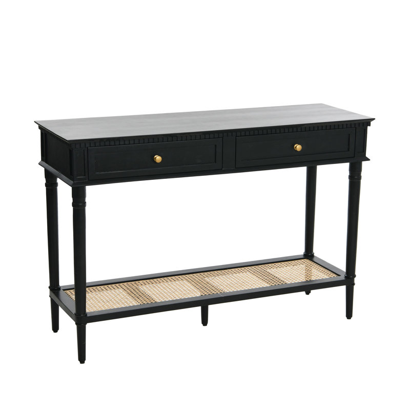 Ayleena Maxwelton Solid Wood Console Table with 2 Drawers and Woven Cane Storage Shelf, Black