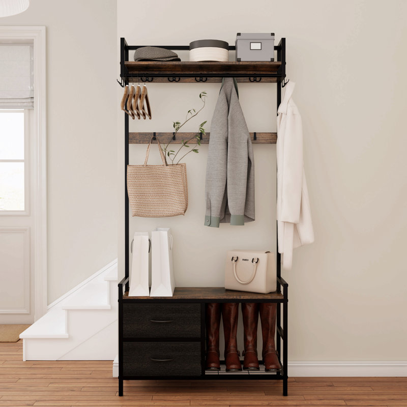 33.1" Wide Hall Tree With 2 Movable Drawers, Shoe Storage, Shelves And Garment Racks, 5-In-1 Entryway Bench With 23 Hooks (Fixed And Movable)