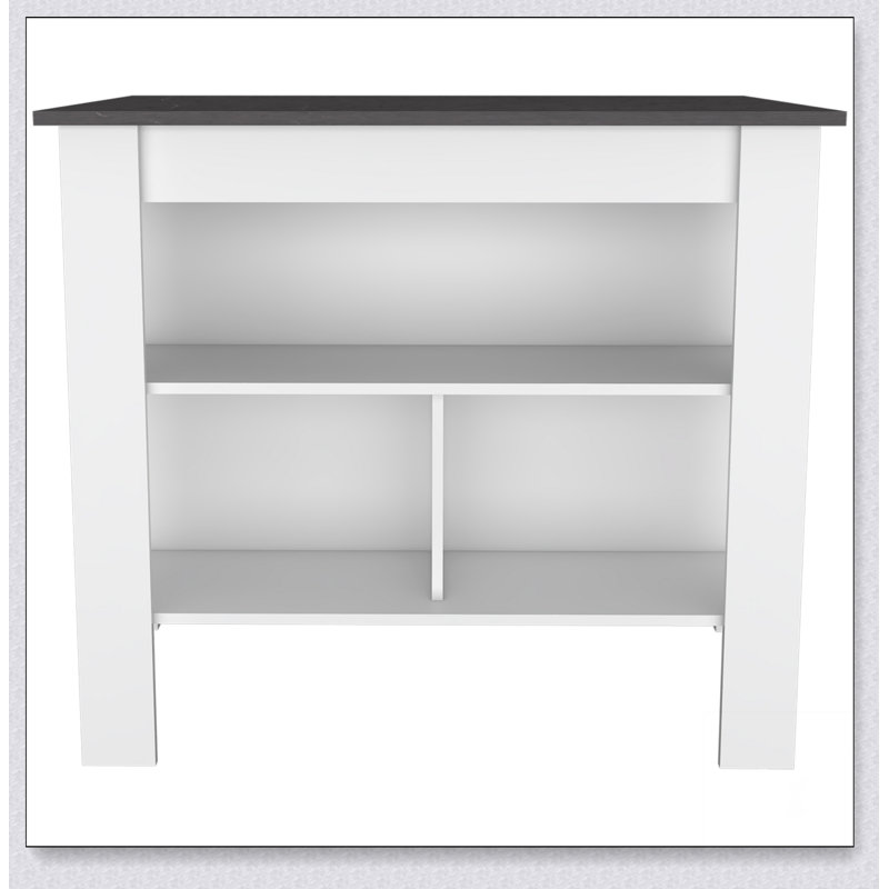 Îlot de cuisine à 3 tablettes Rockaway avec plateau en marbre Ibiza, spacieux et polyvalent pour les cuisines modernes et un rangement efficace.