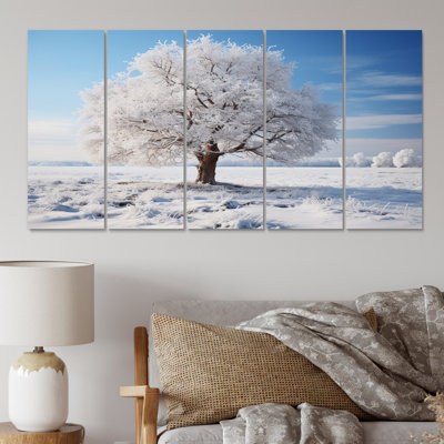 Arbre blanc dans un paysage d'hiver IV - paysages, art mural sur toile - 5 panneaux égaux