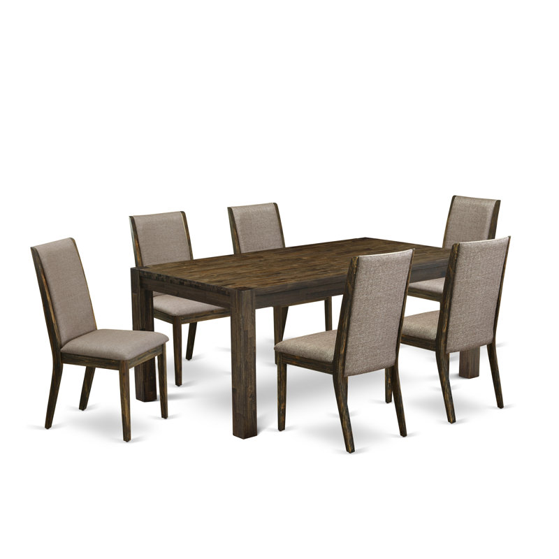 Ensemble de salle à manger 7 pièces composé d'une table de salle à manger rectangulaire en bois rustique et de 6 chaises rembourrées en tissu kaki foncé, jacobin vieilli