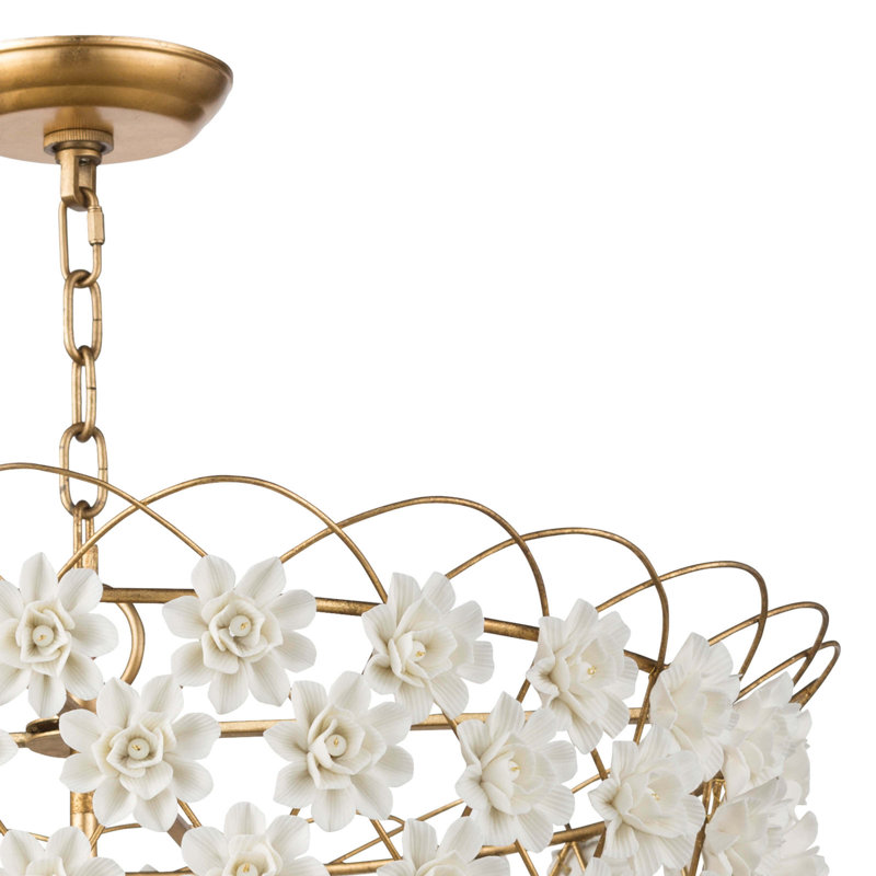 Elegant White & Gold Leaf Drum Chandelier with 4-Light Candelabra