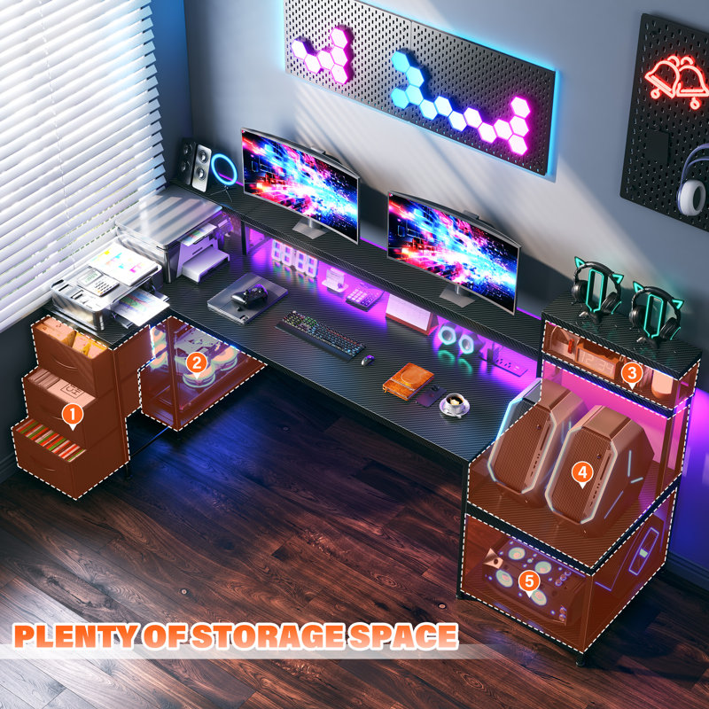 71"w Led L-shaped Computer Desk,gaming Desk With Power Outlet,home Office Desk With Monitor Stand, Black