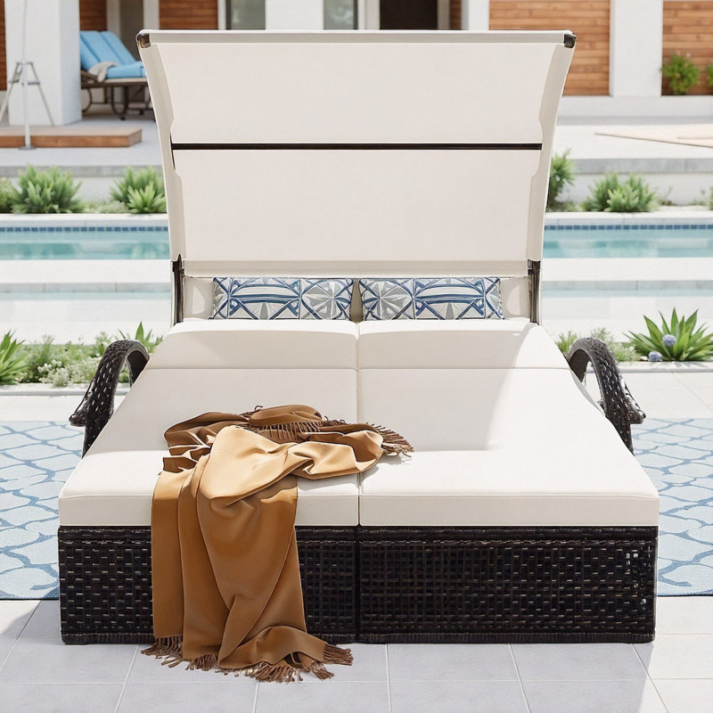 Outdoor Steel Frame Double Sun Lounger, Patio Daybed with 5-Position Adjustable Backrest and Canopy, Hidden Side Table & Arched Armrests, for Pool, Patio, Garden, Backyard