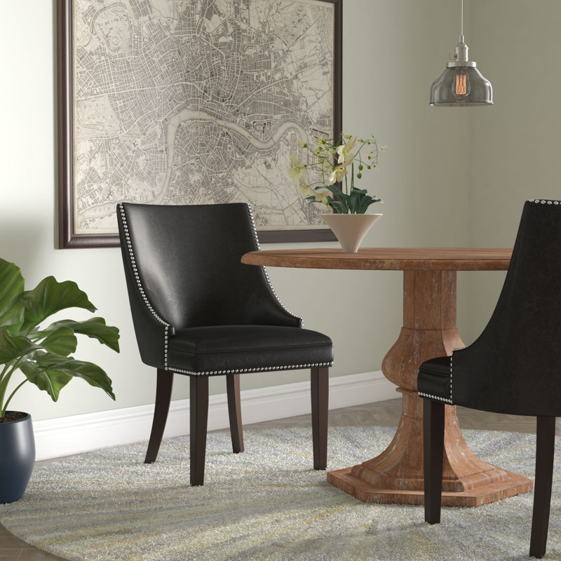 Ardelis 19.7'' H Leather Upholstered Side Chair, Black Faux Leather, Espresso