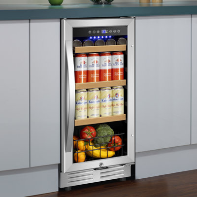 15" 165 Cans Built-In and Freestanding Beverage Refrigerator Beer Drink Cooler with Reversible Glass Door,Blue LED and Safety Lock
