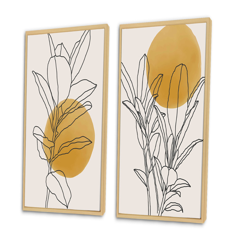 Branche botanique jaune avec feuilles I - ensemble de 2 peintures, H 32 po x l 32 po, Impression encadrée, Brun