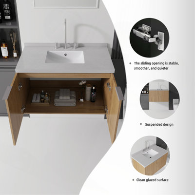 Meuble-lavabo suspendu de 61 cm avec lavabo, porte à fermeture amortie, comptoir et dosseret en marbre de Carrare reconstitué de 5 cm, contreplaqué