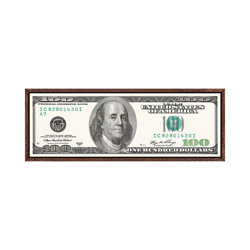 One Hundred Dollar Bill - Panoramic Print on Canvas, 40.64cm H x 121.92cm W x 3.81cm D, Brown Framed