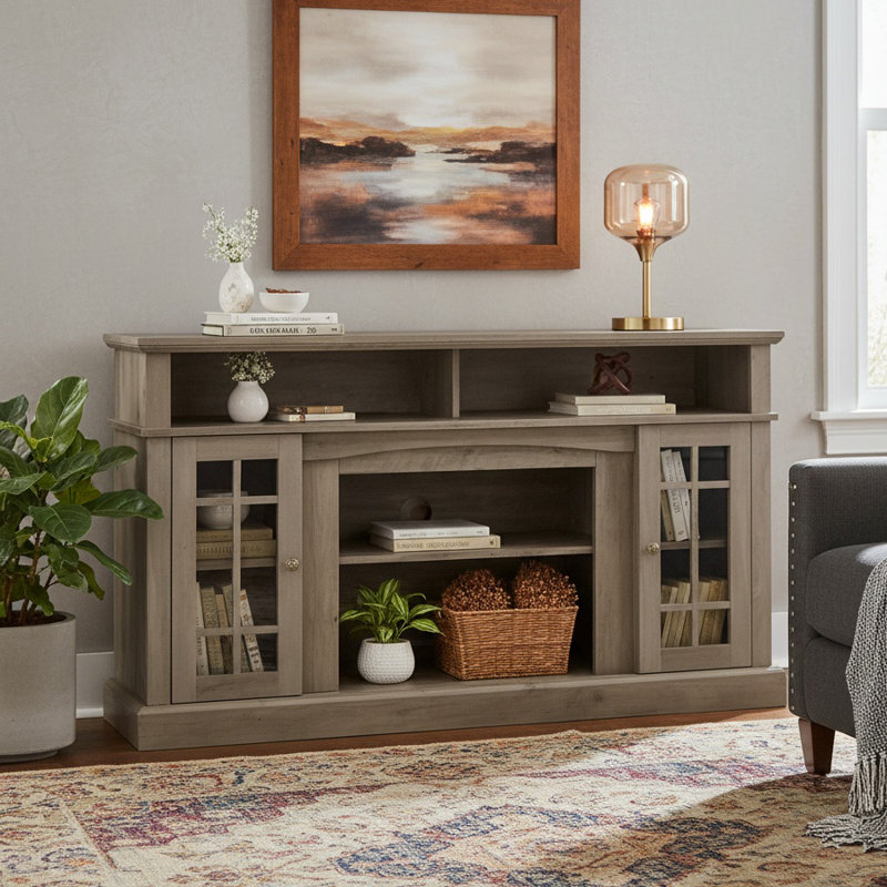 Meuble télé 65 po, meuble télé classique avec rangement ouvert et fermé, Gris
