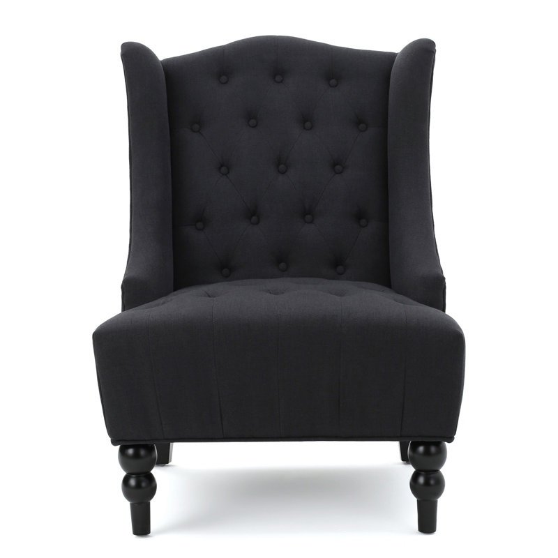 Fauteuil club Tesy, design à oreilles, tissu gris capitonné