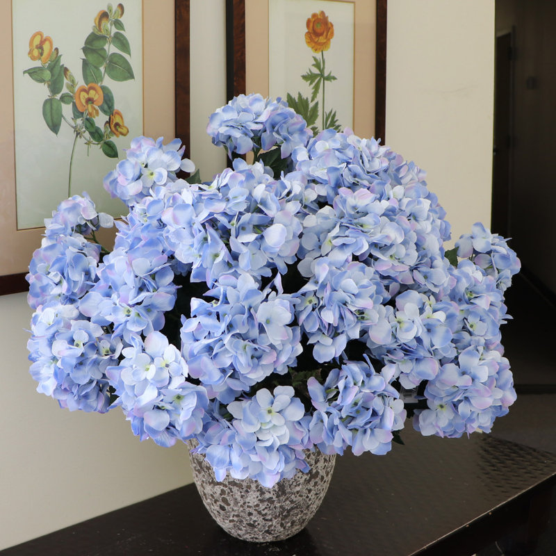 20" Hydrangea Bush with 7 Flowers - Artificial Hydrangea Decor, Blue