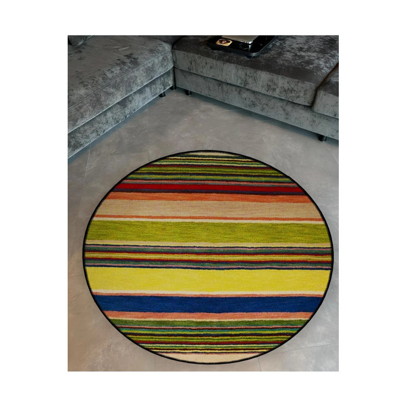 Multicolored Striped Patterned Round Woven Base Modern Decorative Carpet, Round 2'8"