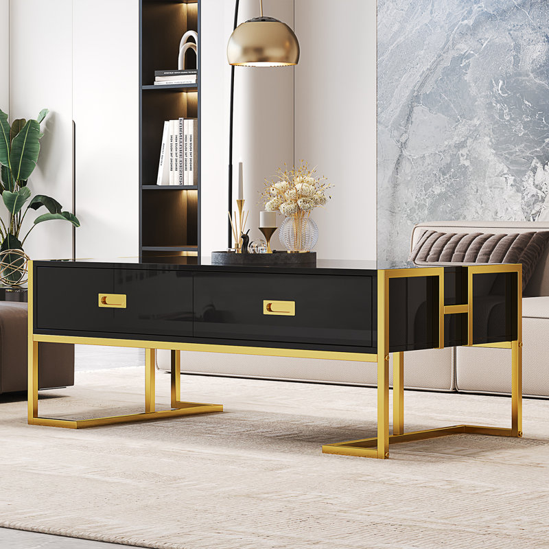 Table basse moderne moderne noire avec 4 tiroirs et base dorée de 47,3 po (table incluse seulement), Noir