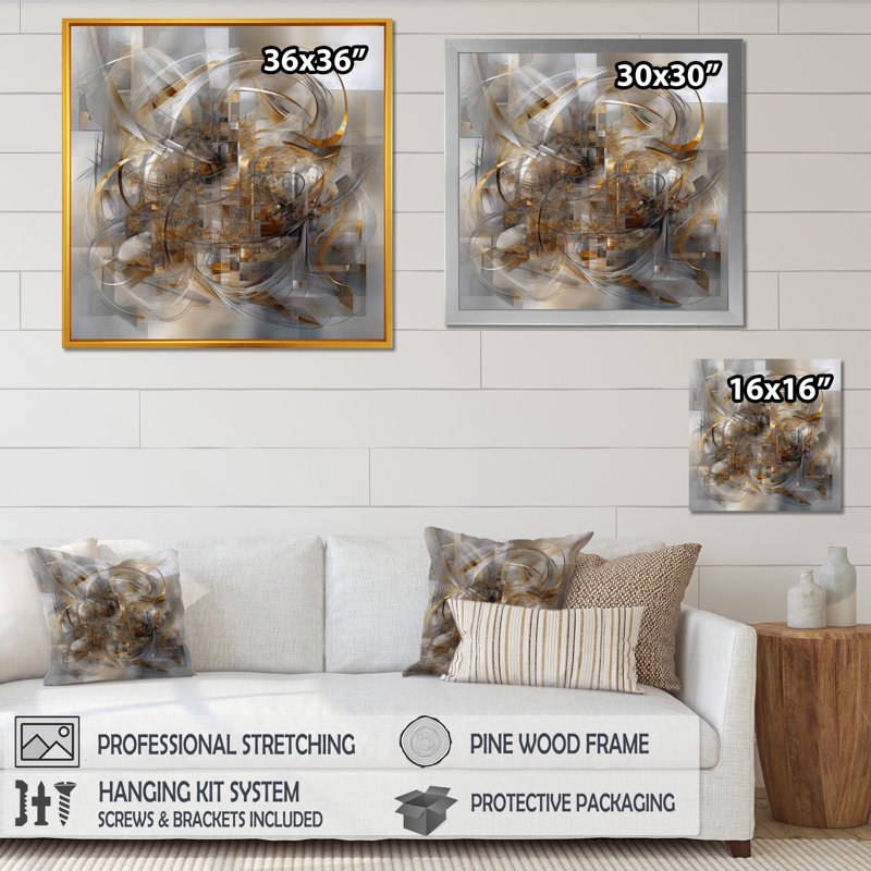 Encre liquide grise et dorée captivante - art abstrait marbre, H 16 po x l 16 po x P 1 po, Toile tendue