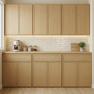 Ensemble d'armoires de cuisine modulaires 3 x 24 po (total 72 po), cadres et tiroirs en bois massif, placage de chêne blanc, fabrication en contreplaqué, charnières et glissières à fermeture en douceur