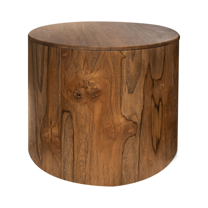 Table de bout Eray, plateau cylindrique rond de 26 po, bois de manguier brun massif
