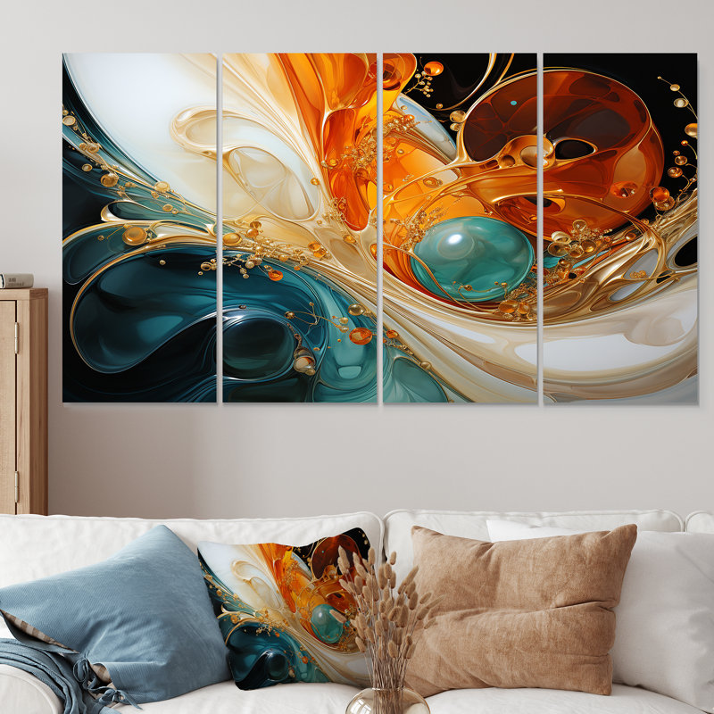 «Orange and Emerald Marble Lava I», peinture abstraite sur toile 4 pièces, H 28 po x l 48 po