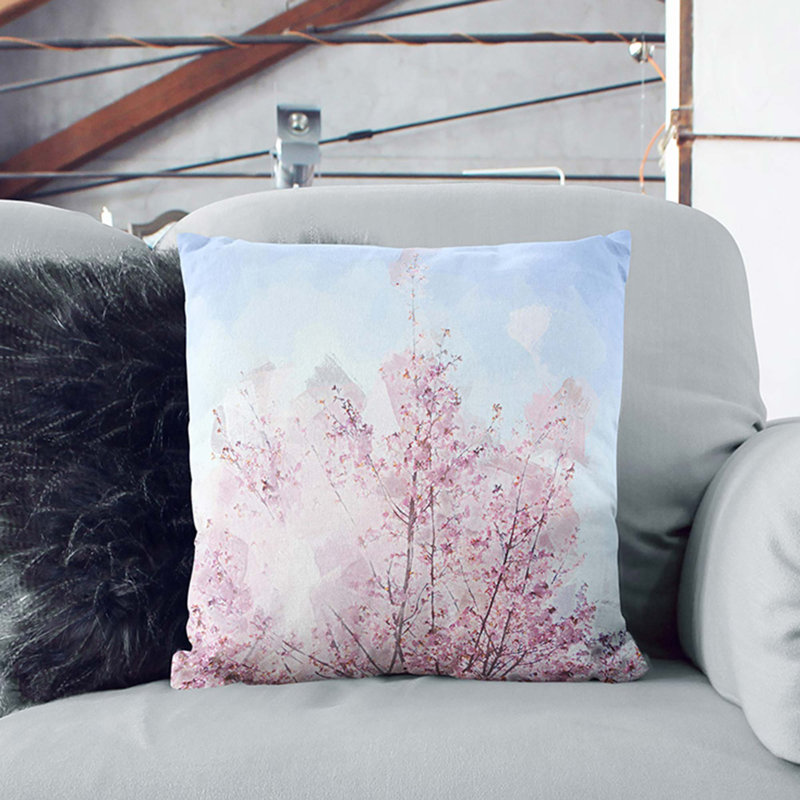 Pink Japanese Cherry Tree in Spring Cushion with Filling, 55cm H x 55cm W x 20cm D, White