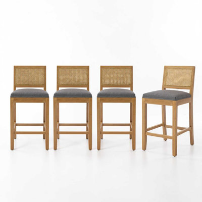 Tabourets de bar en bois massif à dossier en rotin Amando, coussin en lin mat avec mousse à haute résilience et ressorts en S
