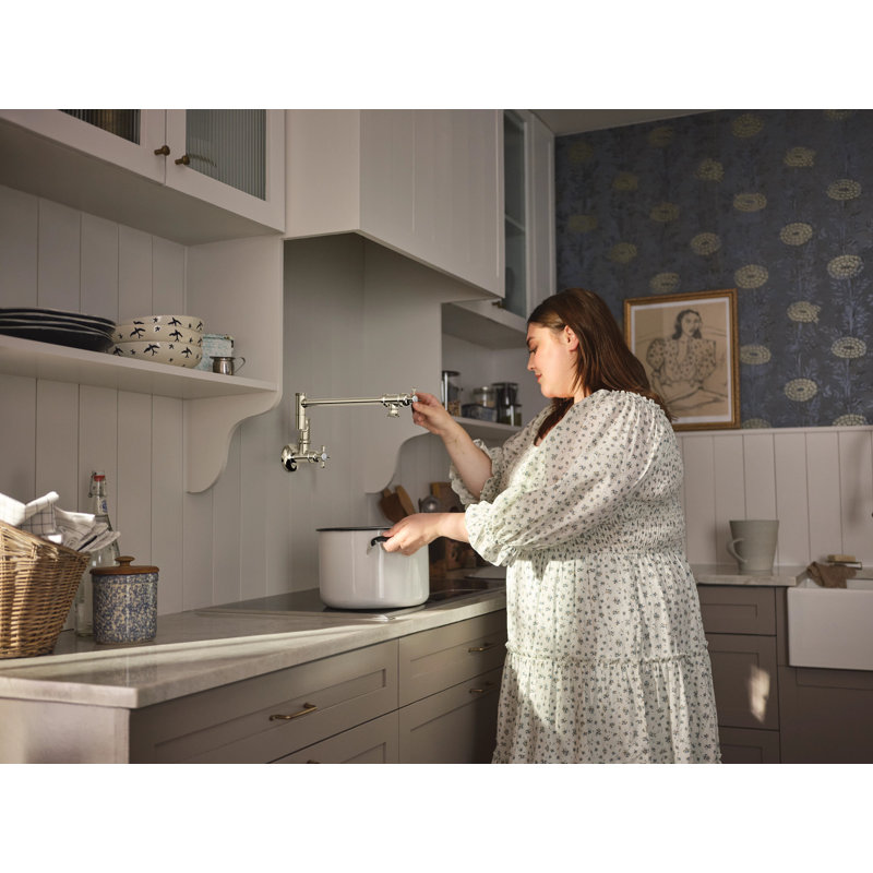 Moen Traditional Wall Mount Swing Arm Folding Pot Filler Kitchen Faucet, Polished Nickel