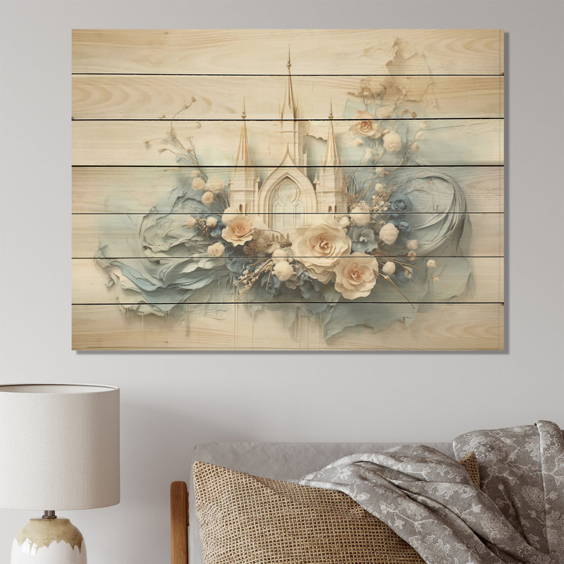 Imprimé floral de la cathédrale de la Renaissance bleu et blanc sur bois, H 24 po x l 32 po